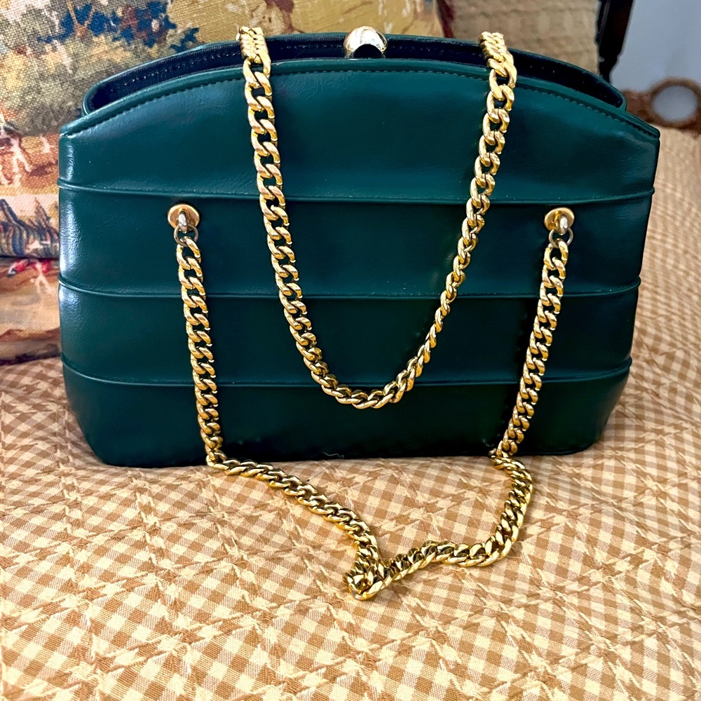 Vintage Garay art deco style emerald green purse with gold chain